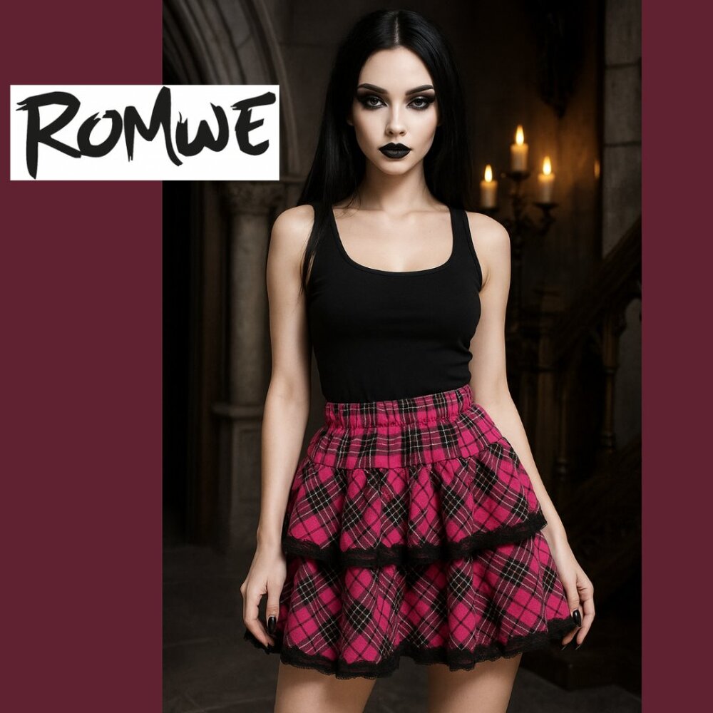 Romwe Pink and Black Gothic Ruffled Skirt